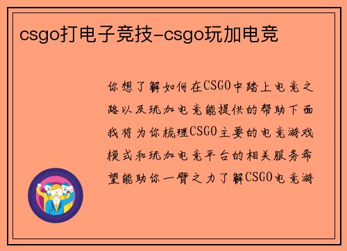 csgo打电子竞技-csgo玩加电竞